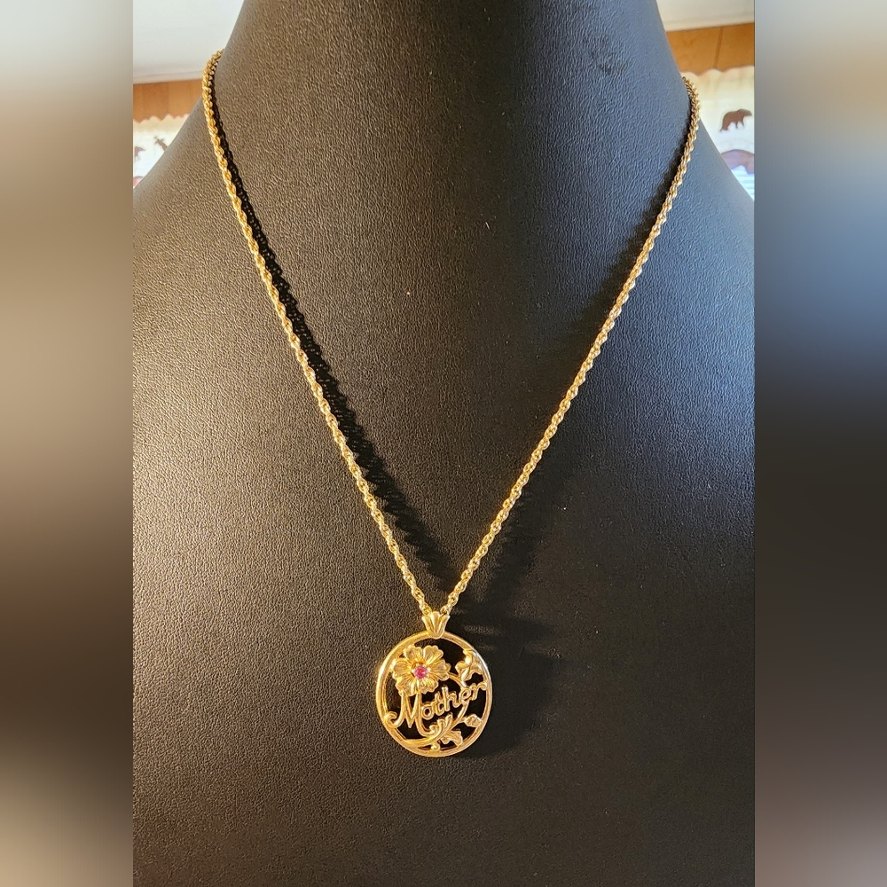 Avon “Mother” Goldtone Pendant Necklace with Pink Rhinestone